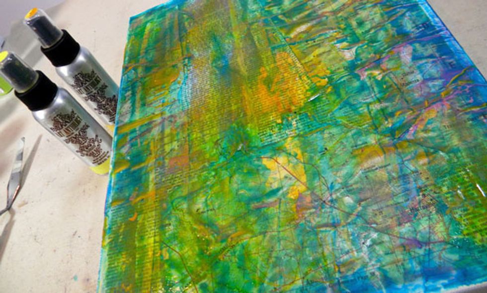 More burst of sunshine! I sprayed Timeless and Glorious Colorations Sprays to the center of the canvas. See how the Velvets caught the "texture" that was created by my imperfect paper gluing?