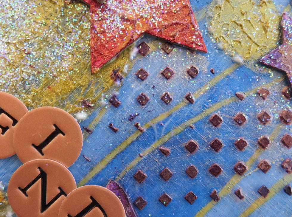 More close- ups to the finished piece. See how the decoupage paper on the back fits the painted front of this project.