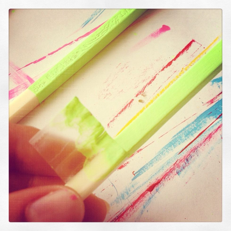 More coats of paint to get the bright colors, and then take of the tape. Not as bright as you had imagined, don't worry the colors pop with a couple of coats of modge podge