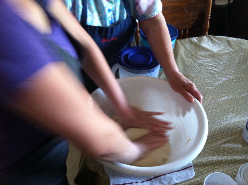 More kneading... The dough is ready when it doesn't stick to your hands.