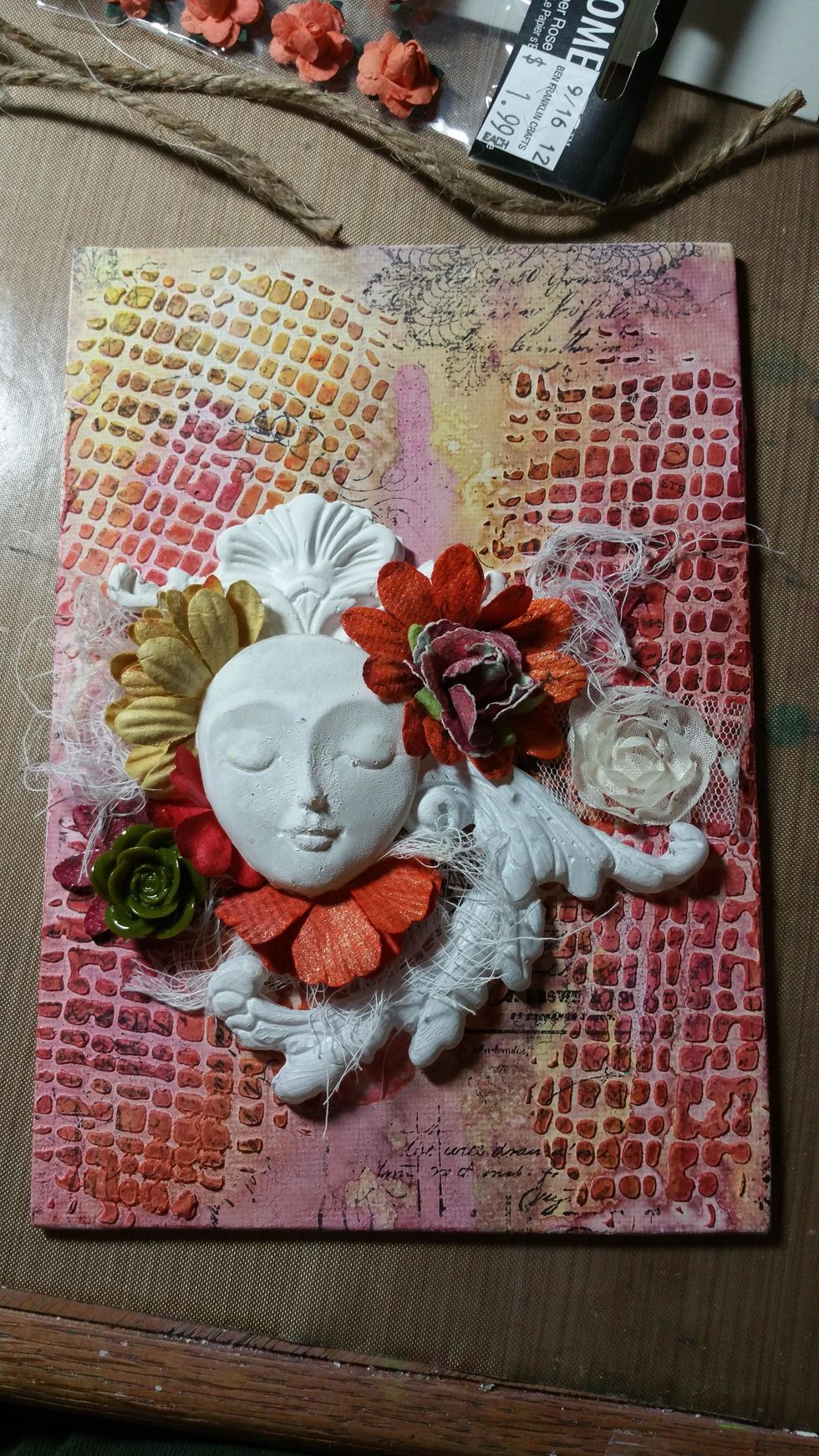 More pieces, florals and some cheesecloth for texture. I did not remember to take a pic of next step which was to cover these in white gesso sparingly. I left to dry overnight.