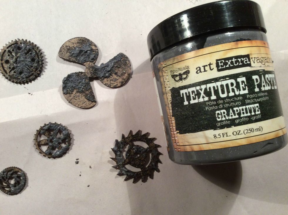 More texture please ! Let's add Art Basics Graphite Texture Paste. Love Love Love this stuff. When dried it has a pretty sparkle. Just glob it on, don't be careful.