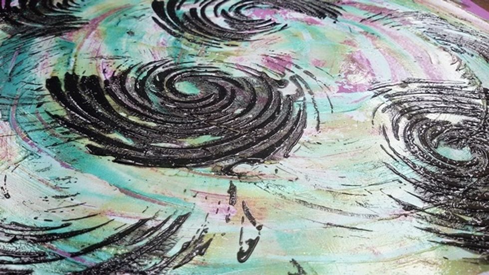 More textures with Hurricane stencil and Black Leather Jacket velvet.