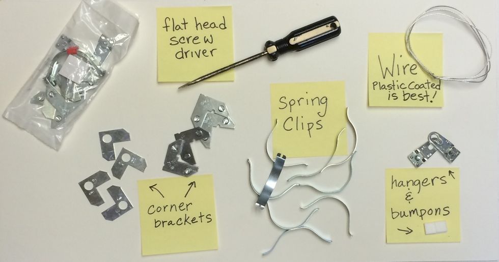 Most frame shops will sell you a bag with all you the hardware you need except the wire and the tools.