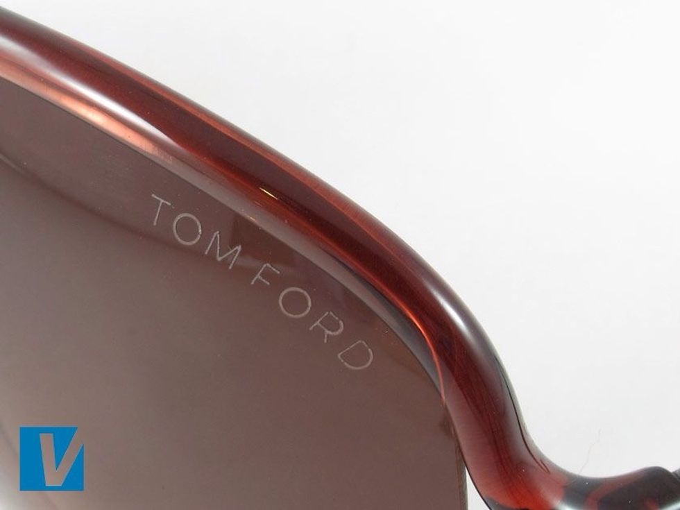 Most new Tom Ford sunglasses have the Tom Ford logo etched into the top left corner of the left lens. If featured, check that the etching is clean, evenly spaced.
