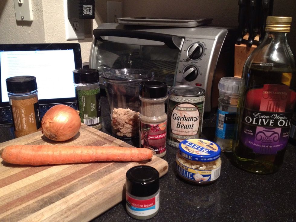 Most of the supplies (left out the greek yogurt and cucumber)...I also realized I didn't have burger buns or fresh herbs until halfway through this recipe, but I powered through anyways!