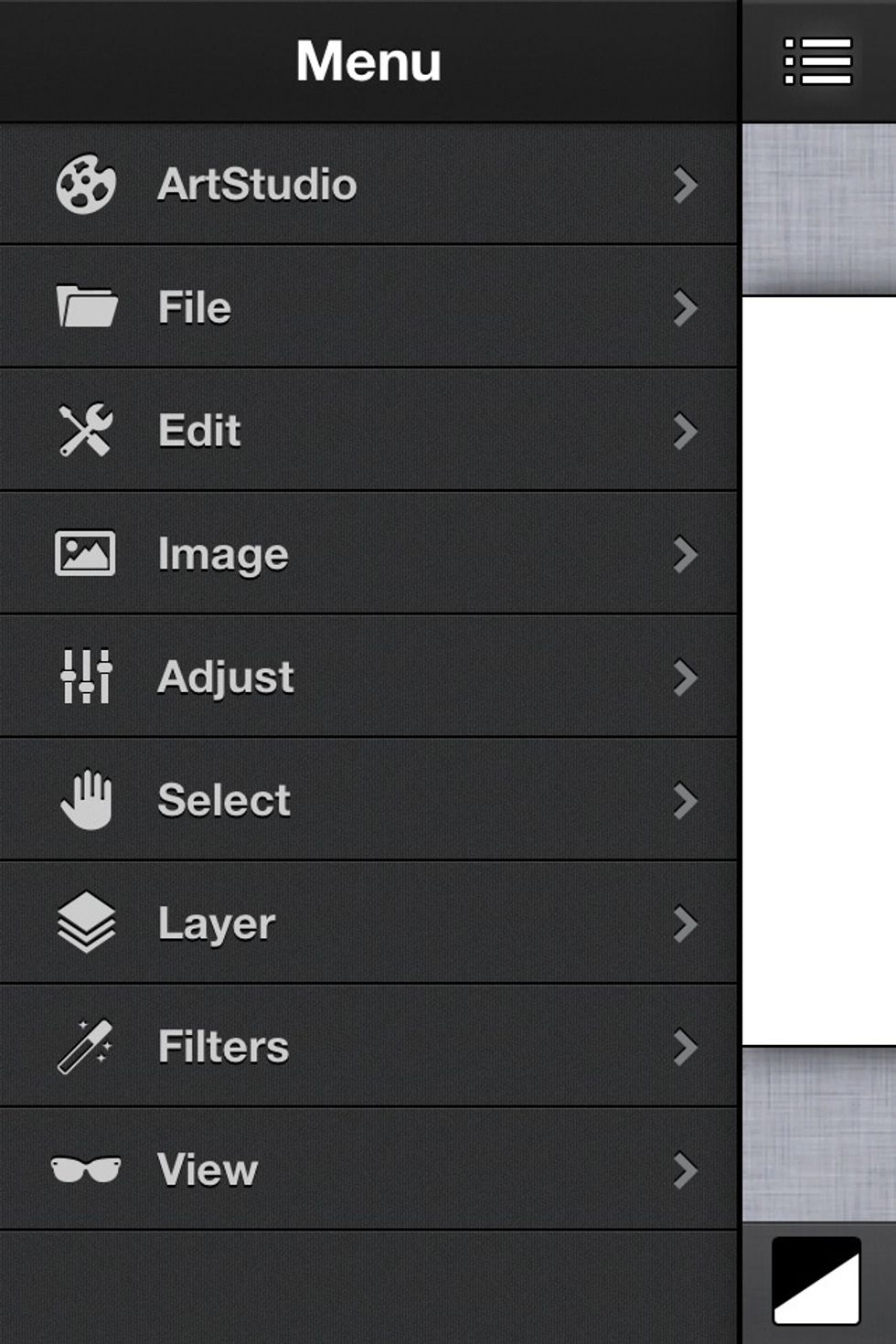 Most of the tools and functions are now found in the main slide out menu.