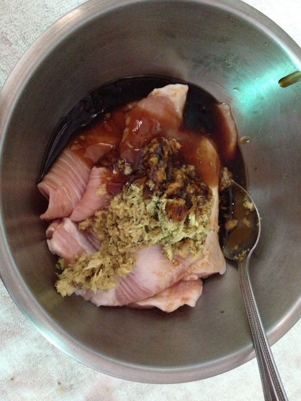 move pork into a bowl. put the mixture of lemongrass& garlic paste and add 2 tablespoons of oyster sauce, 1 tablespoons of soy sauce and a little bit of sugar