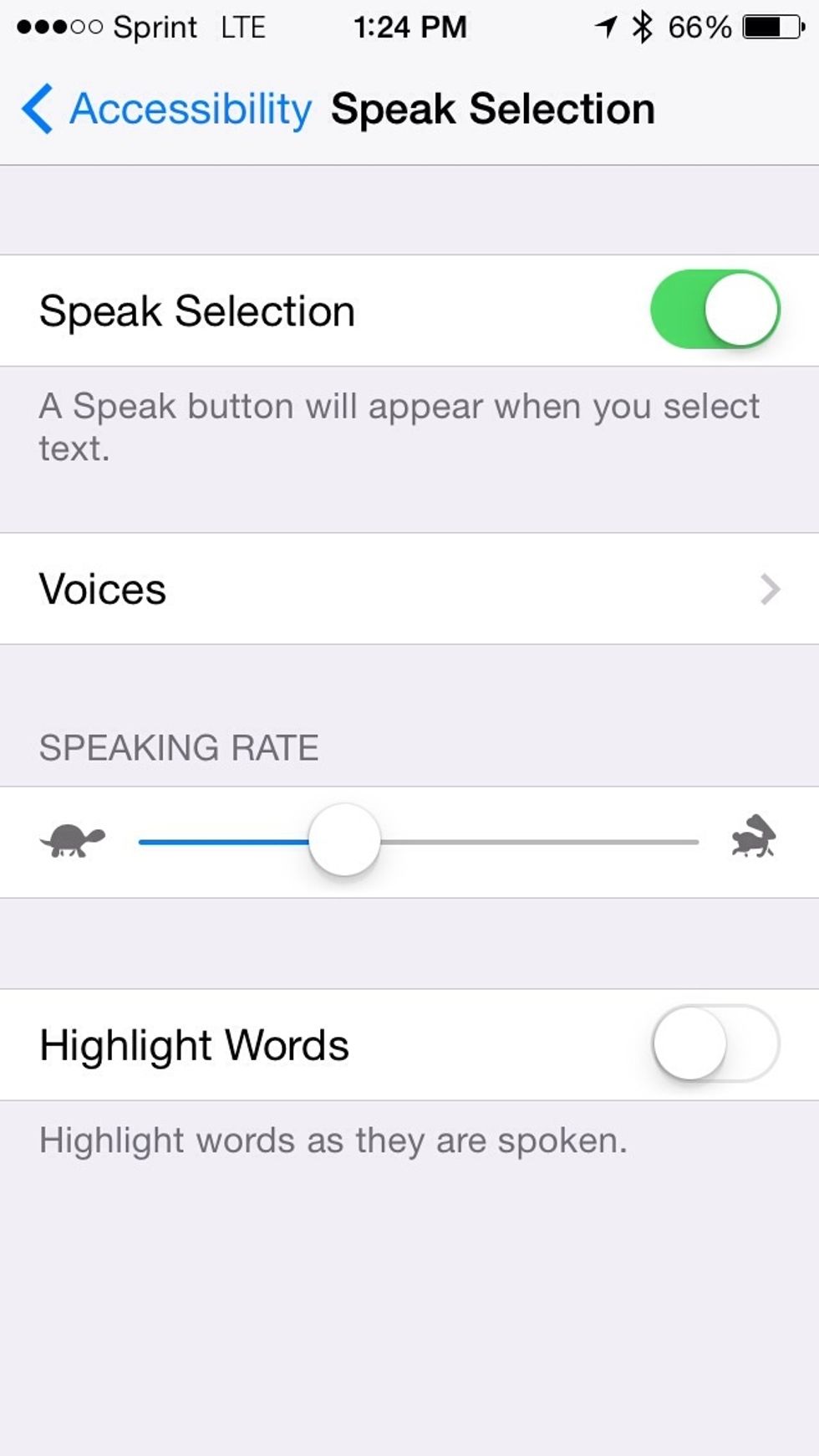 Move switch to On position and adjust the speaking rate and language preference