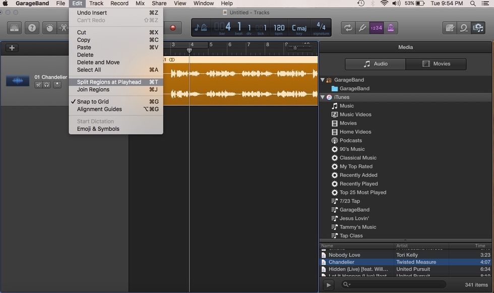 Move the playhead (above the beginning of the song) to the start of the section of music you'd like to remove. Click 'Edit' and 'Split regions at playhead.'