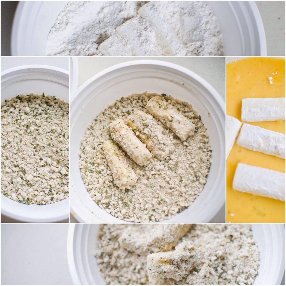 Move the sticks over to the mixed ingredients last. From here, they are ready to bake.