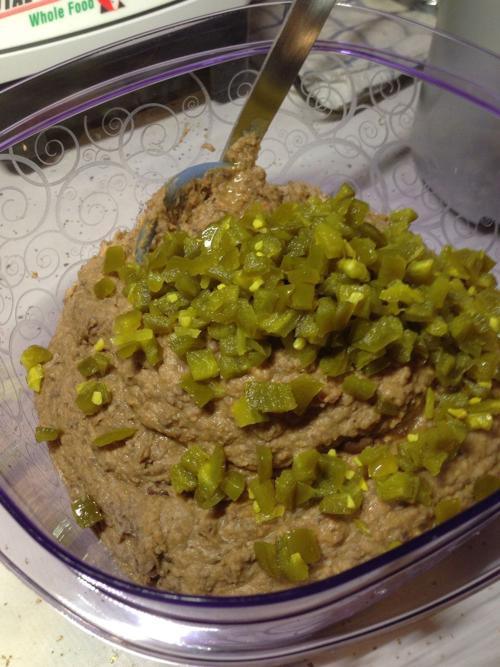 Move them  to a bowl and add the jalape\u00f1os.  Get to folding. Or stirring\u2026 It's beans and jalape\u00f1os, it's not  like you're going to hurt anything.