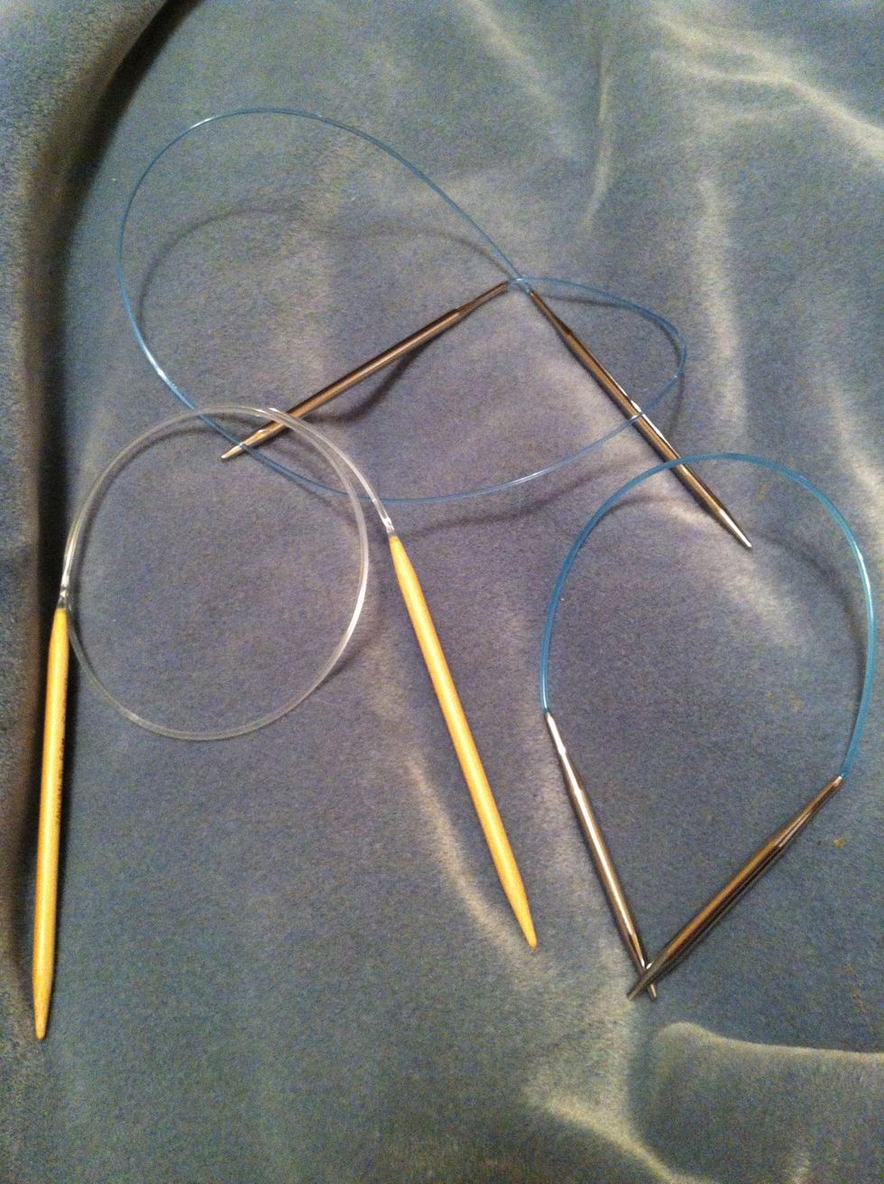 Multiple sizes and lengths of circular knitting needles.