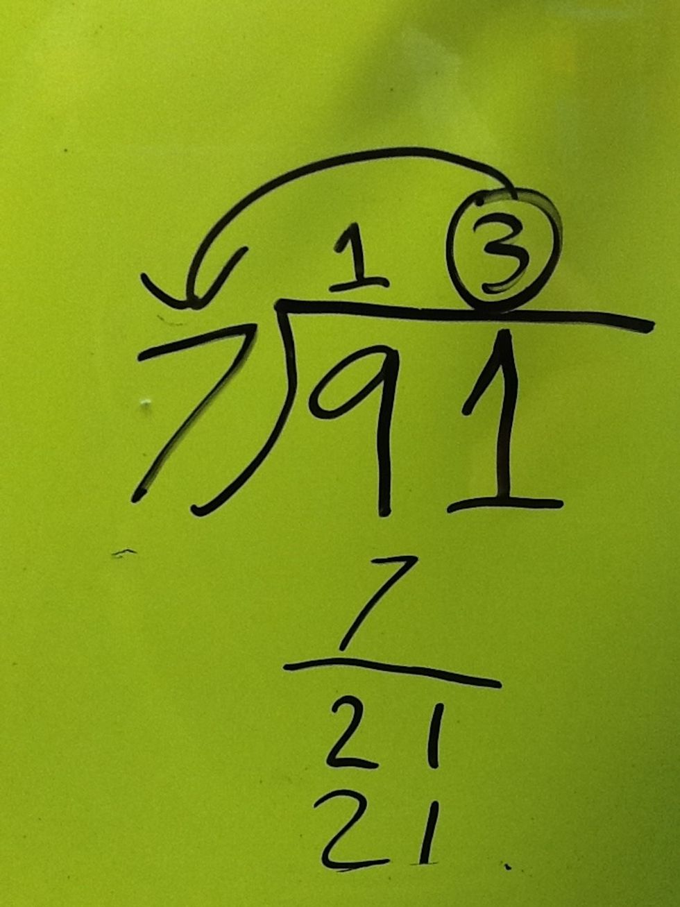 Multiply the 3 by 7 to get 21, then put it under the previous 21