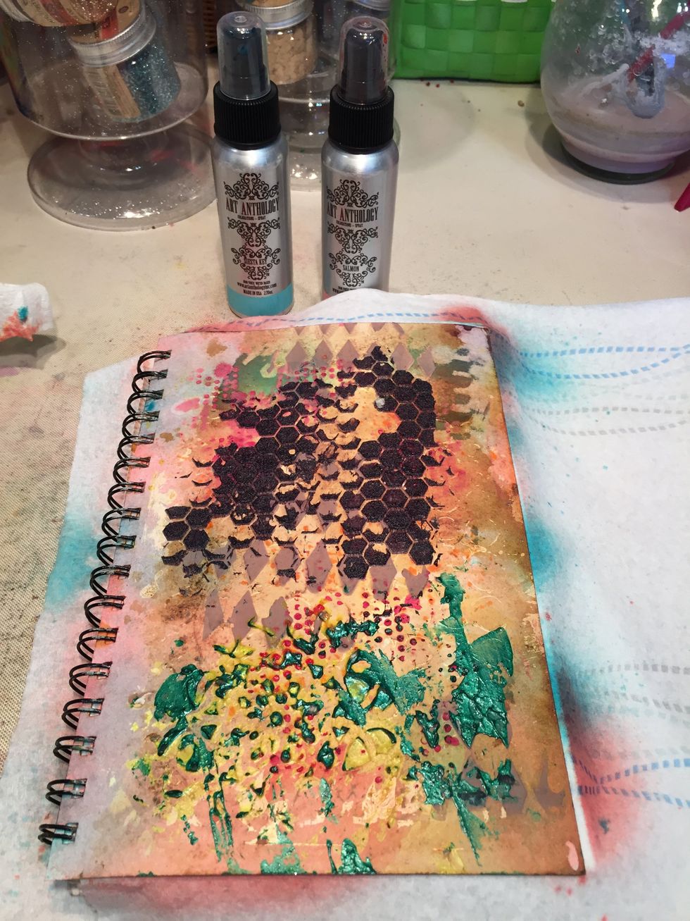 My background was created w/ Viridian, Black Leather Jacket through the Beehive Stencil, Desire through the Dot Matrix stencil, Portobello, Lemon Tart, & Sandcastle. Spray rest w/Salmon & Siesta Key.