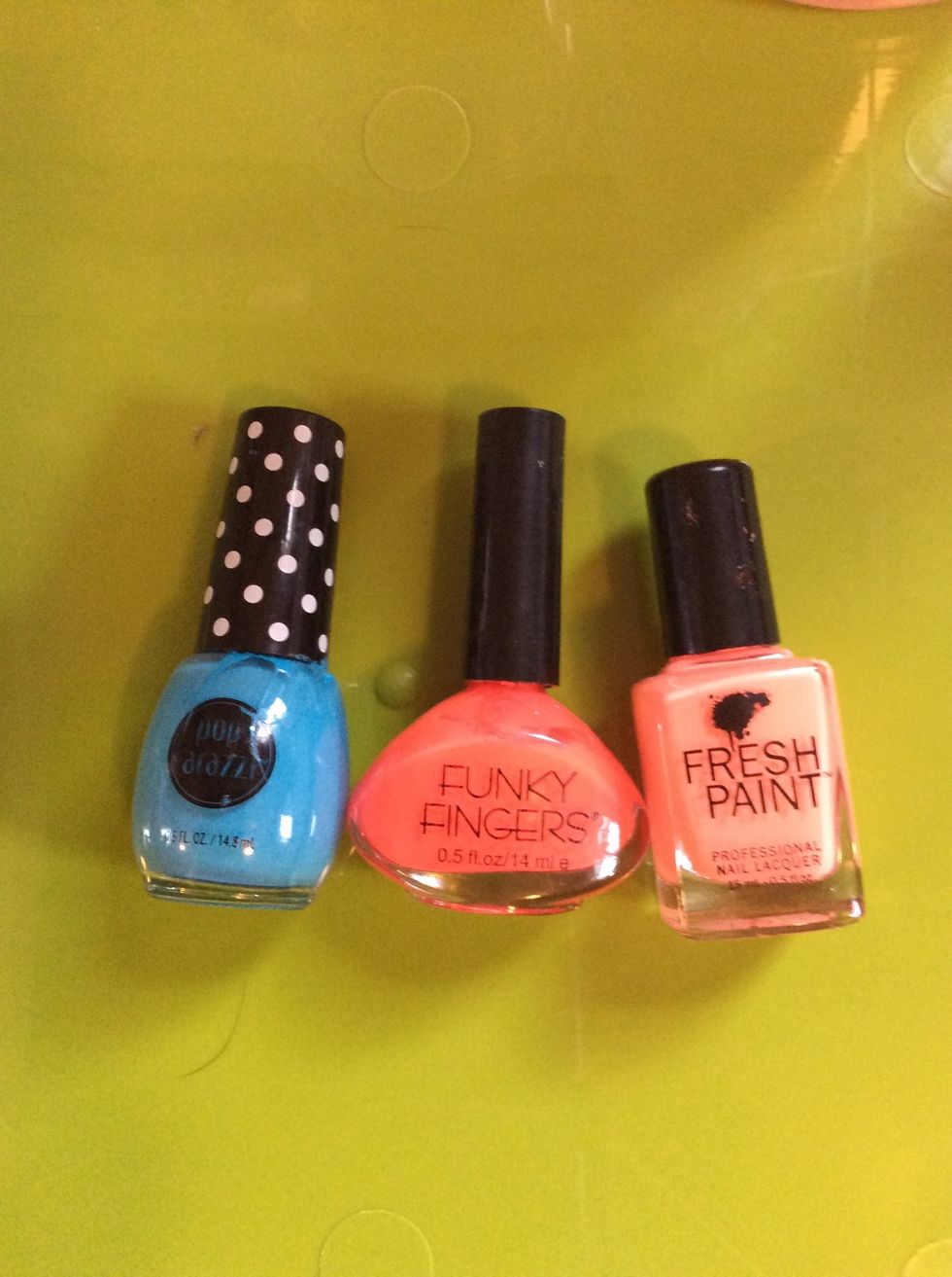My colors were;  Pop dazzle in the color of- just beachin' Funk fingers in the color of- Kingston  Fresh paint in the color of- guava