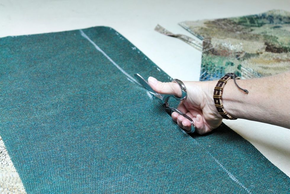 My cushion was 4" thick so I trimmed 1/2 that plus seam allowances (2 x 1/2") and overlap (1/2"). 3 1/2" total to be trimmed away.