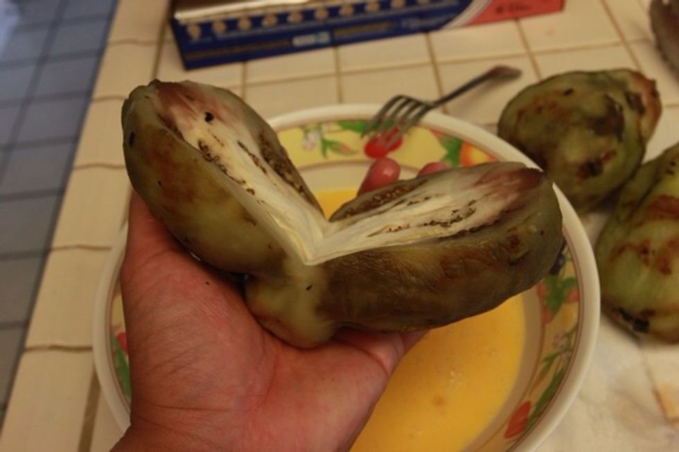 My eggplants were really fat (round) so depending on the type/size you have, you're going to want to make yours as flat and thin as possible.