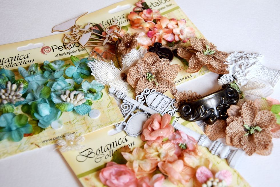 My embellishments: Petaloo flowers, Prima flowers, metal trinkets. Antique Metal Door Pull Graphic45 (4500548)., chipboard