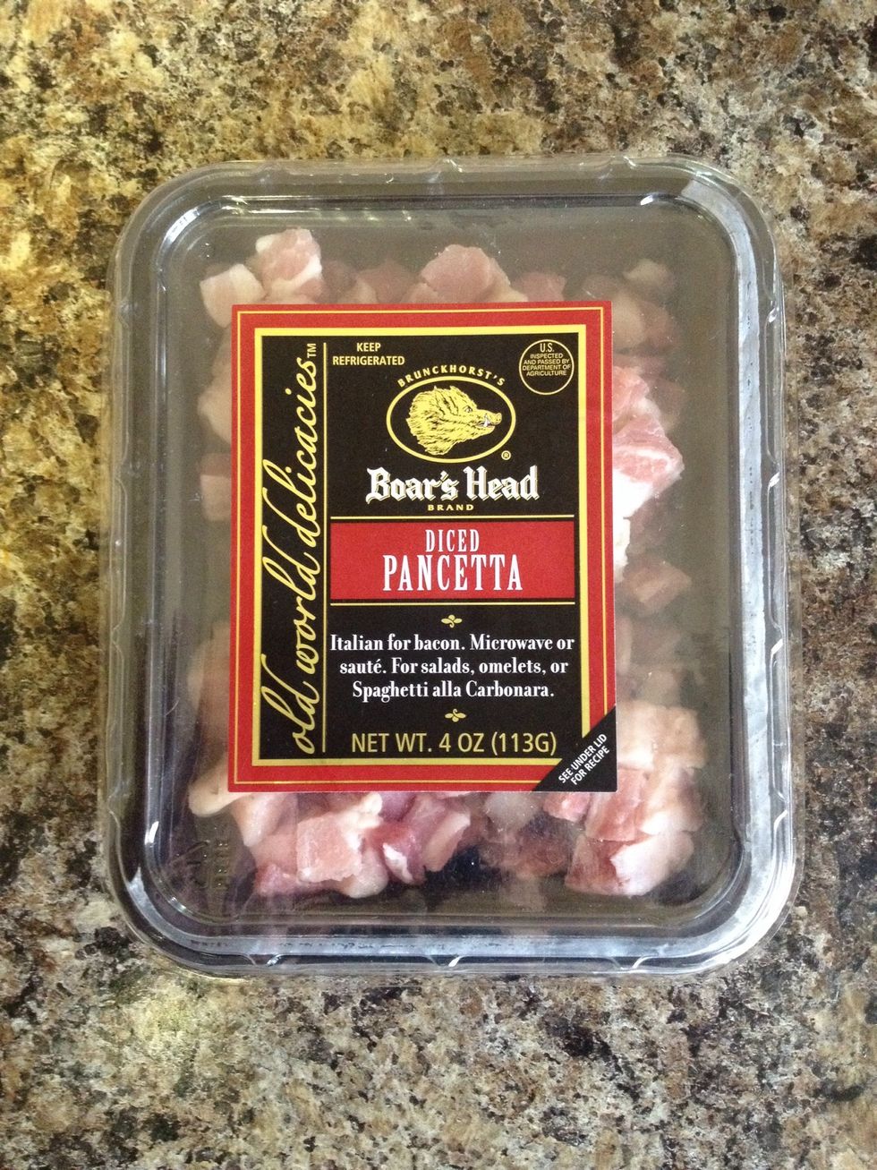 My grocery store was out of sliced pancetta, so I used 2 packages of this Boar's Head kind that was already diced for me.