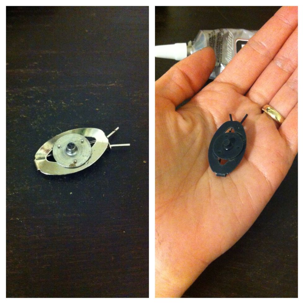 My hair clip had a hole in the middle so I glued a wick clip to it for easy gluing. A penny would work, or anything flat and round. I also spray painted it. Both are optional.