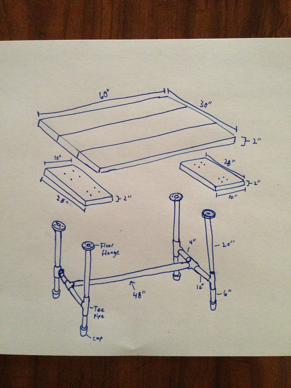 My initial desk layout. Yours doesn't have to be a wide or deep as mine but measure everything before you go to the hardware store. You don't want to build a base larger than the top!
