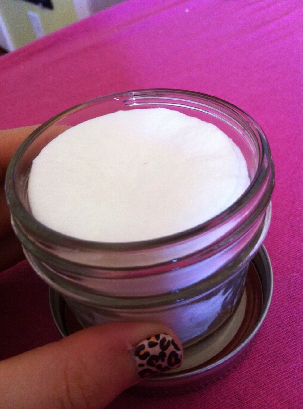 My jar fit around 10 Cotten pads then pour enough mixture in to fill 3/4 of the jar. I made this little jar then I poured the rest In a spray bottle for later.