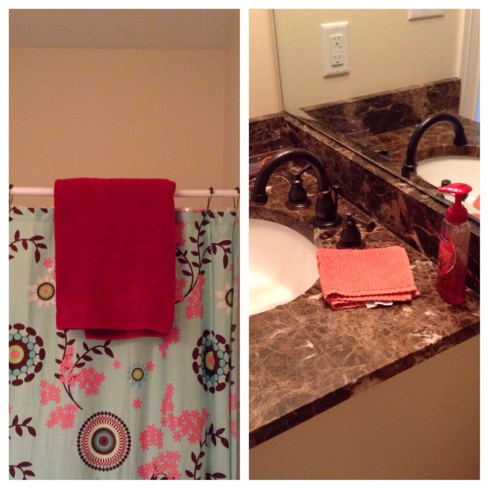 My last idea is to put up some warm colored towels into your bathroom, not only are you decorating in two rooms, your adding color to your otherwise boring bathroom!
