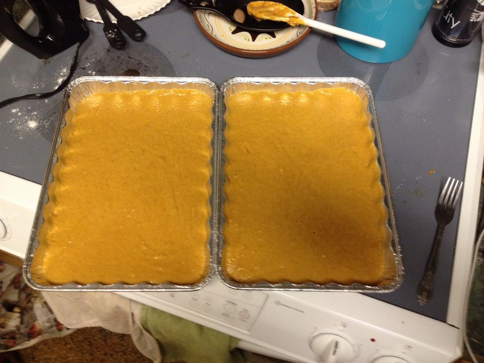 My mom uses an 11 x 17 cookie sheet but I like 2 smaller pans (12 x 8) so I can freeze one. These freeze GREAT! Cook at 350 for 20 minutes (25 for large pan).