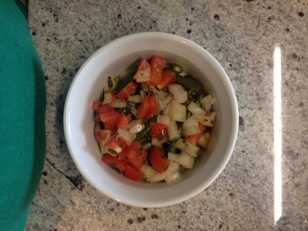 My next layer was onions and tomatoes and a little sprinkling of mint and cilantro. (Because my onions weren't fully cooked I also drizzled on a bit of olive oil). Keep layering with whateva you got.