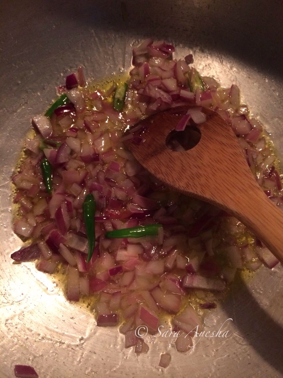 My onion was a bigger size, cut them in small pieces and fry in olive oil. Add ginger garlic paste