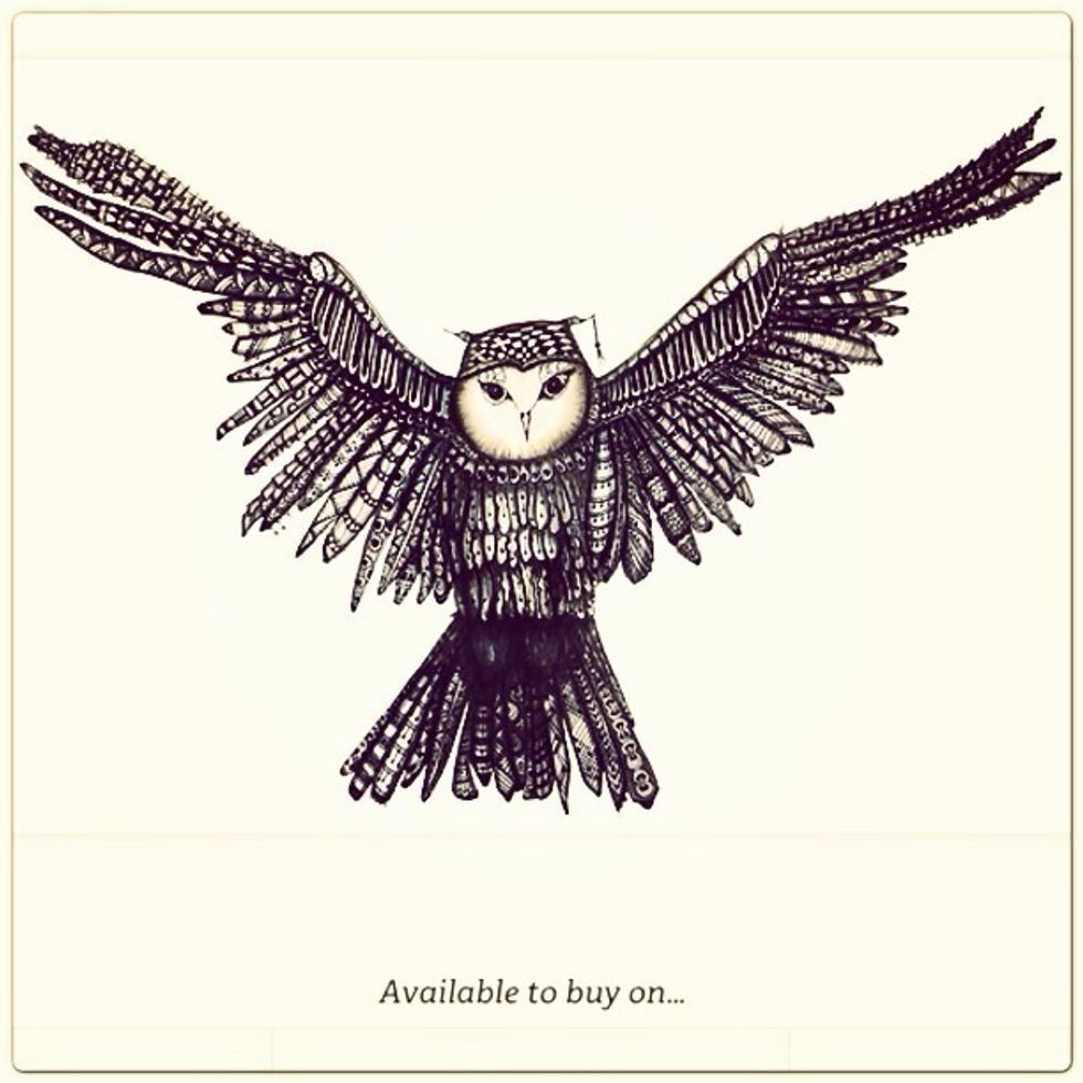 My owl is named Jareth. He can be found on the following links. http://www.zazzle.com.au/jennywoodartwork* https://www.facebook.com/jennywoodart http://www.redbubble.com/people/dishmoptop
