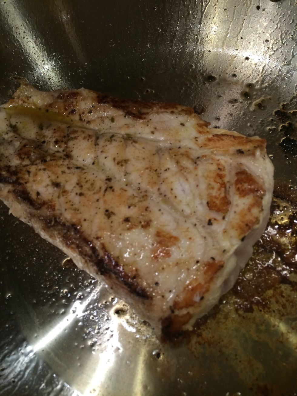My pan was nice and hot so I placed the filet in the pan and didn't touch it for 4 minutes to give it a nice sear. This photo was right after I flipped it.