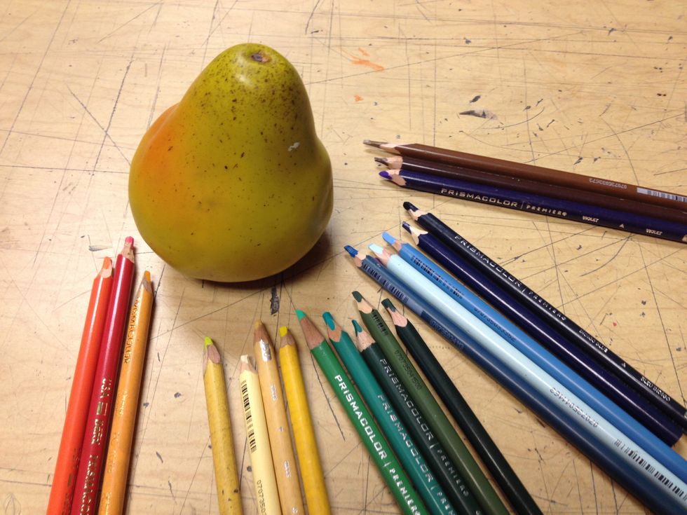 My pear is a strange yellow green color with a red orange area. I pulled a bunch of pencils so I could make the best choice as I go. I won't use all of these.