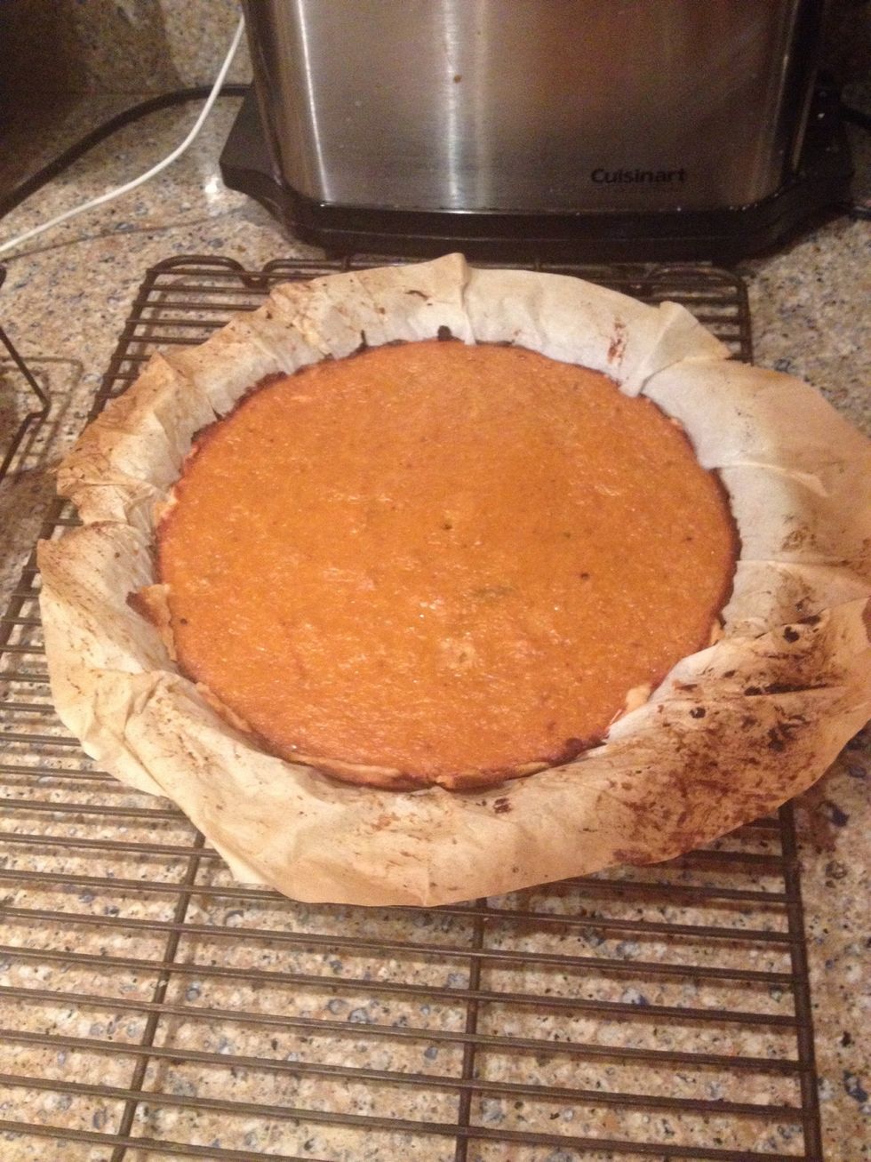 My pie took 35 minutes at 350F after the initial 15 minutes at 425F.