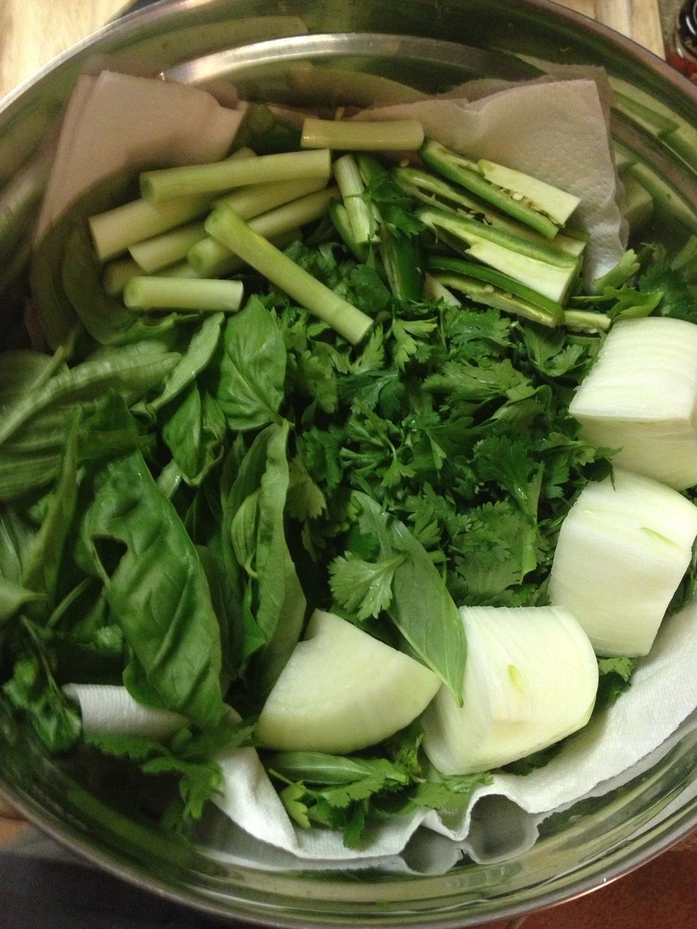 My sabzi consisted of basil, parsley, cilantro, green onions, sliced onion and some sliced jalepenos. Top with a moist paper towel and keep in fridge till ready to serve, prep up to 2 hours in advance