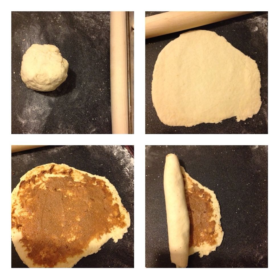 My scrap dough. I reworked it, let it rise, rolled it flat, spread on last of the filling. These were smaller than the first roll.