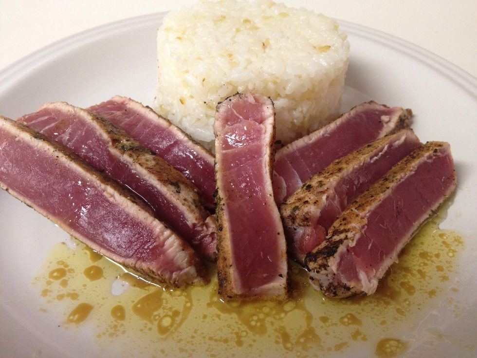 My seared ahi with olive oil and soy vinaigrette and garlic rice.
