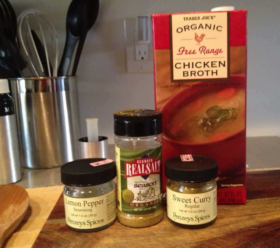 My spices for today. You can also use vegetable broth/stock for a a totally vegan version. I LOVE penzeys spice blends (www.penzeys.com) Green Godess and Lemon Pepper are some of my faves.