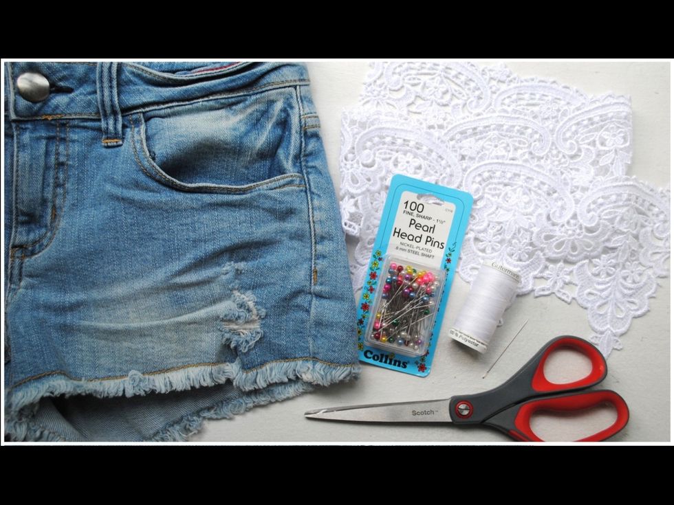 My supplies * a pair of denim cutoffs * 2 feet of lace or crochet trim * pins * a needle * white thread * scissors