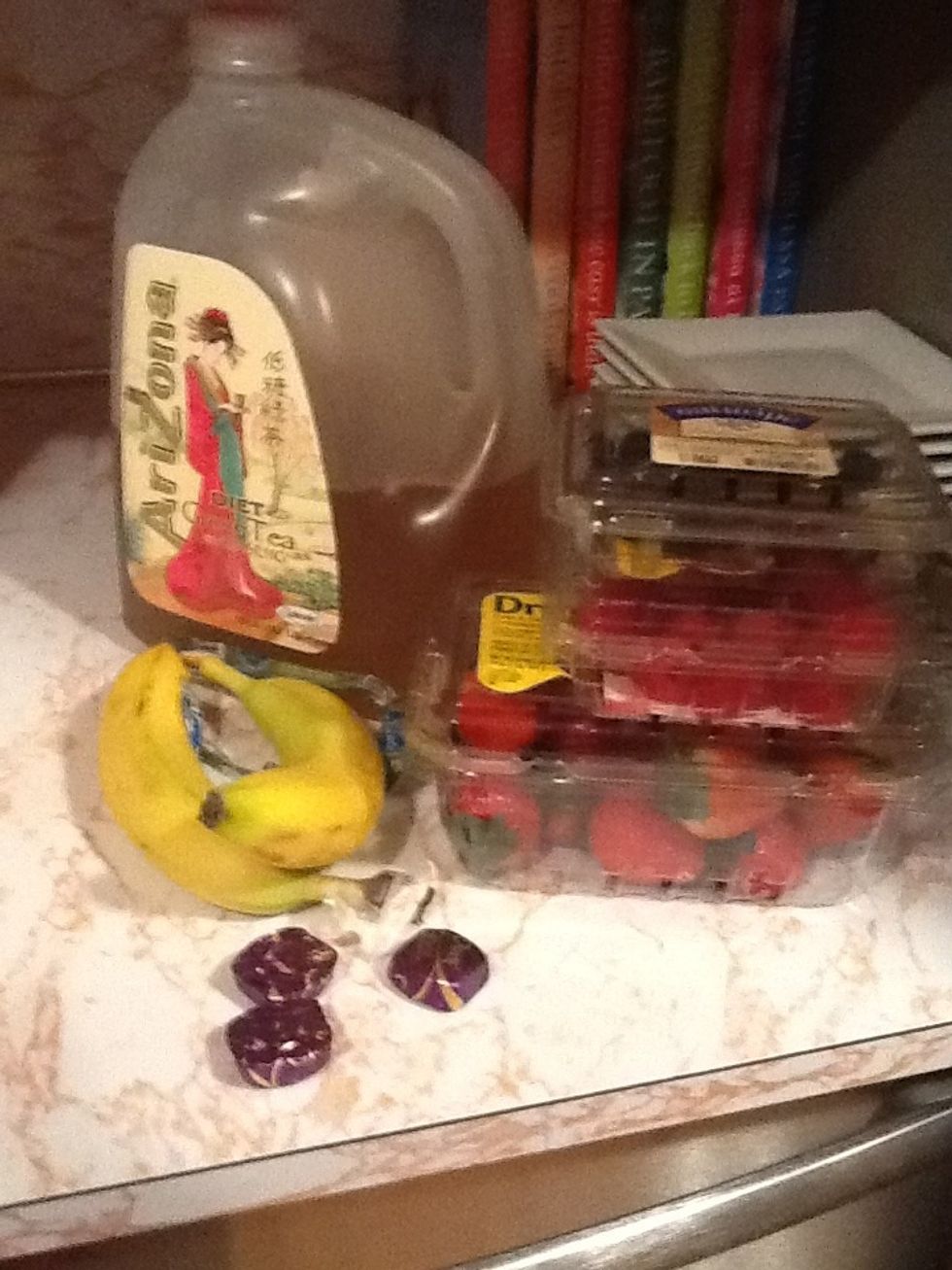 My supplies- I'm just using what I find in my fridge honestly use anything! You'll want fruit though- ps this pic doesnt show my frozen fruit