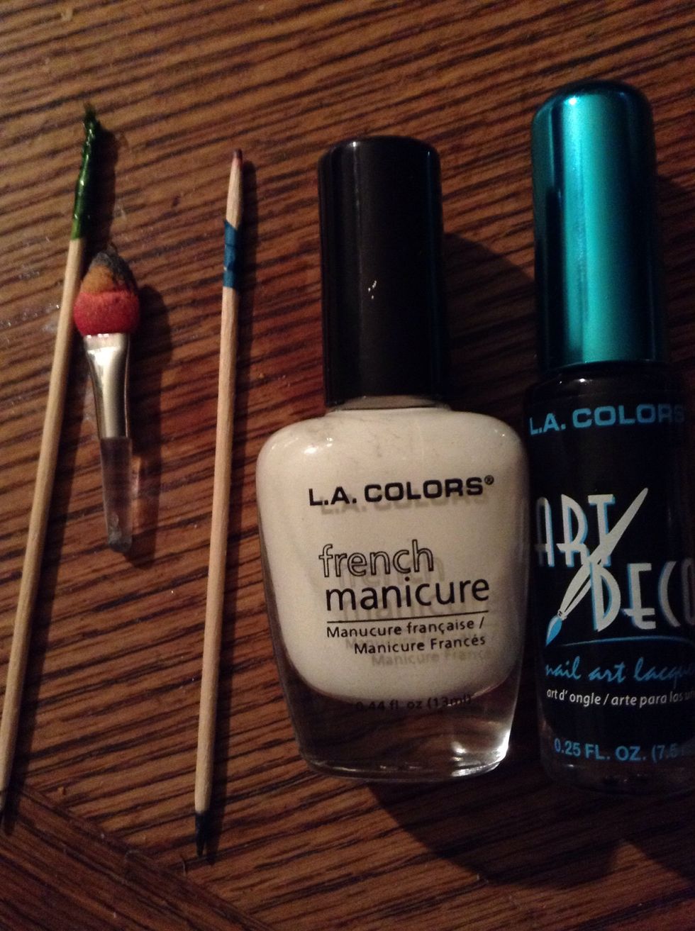 My Supplies. I use the bottom of the eyeshadow applicator for a bigger dot. Toothpicks for a smaller dot. I skipped the basecoat and topcoat, as well as nail file, to make this a quick guide.