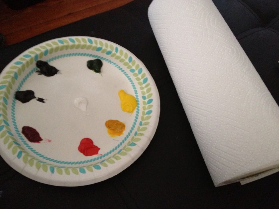 My technique requires little supplies or cleanup. First, coat the canvas with a thin coat of white. This will allow all your colors to blend. Next put your colors on your plate.