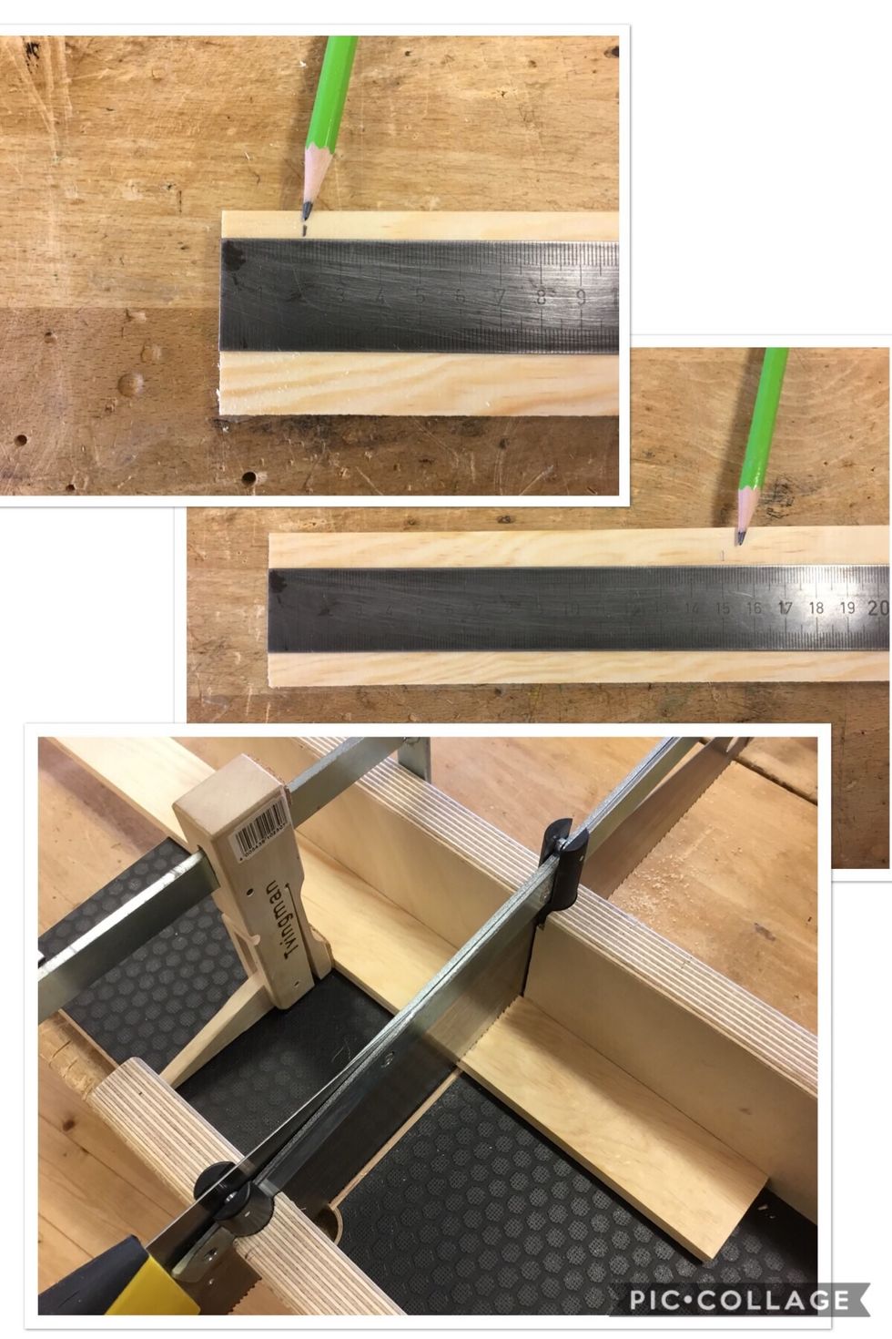 N\u00e4r du planerat och f\u00e5tt godk\u00e4nt av din l\u00e4rare ska du m\u00e4ta ut bitarna till grunden. M\u00e4t en bit p\u00e5 15 cm och en bit p\u00e5 2 cm av det material du f\u00e5tt tilldelat av din l\u00e4rare. S\u00e5ga i s\u00e5gl\u00e5dan.