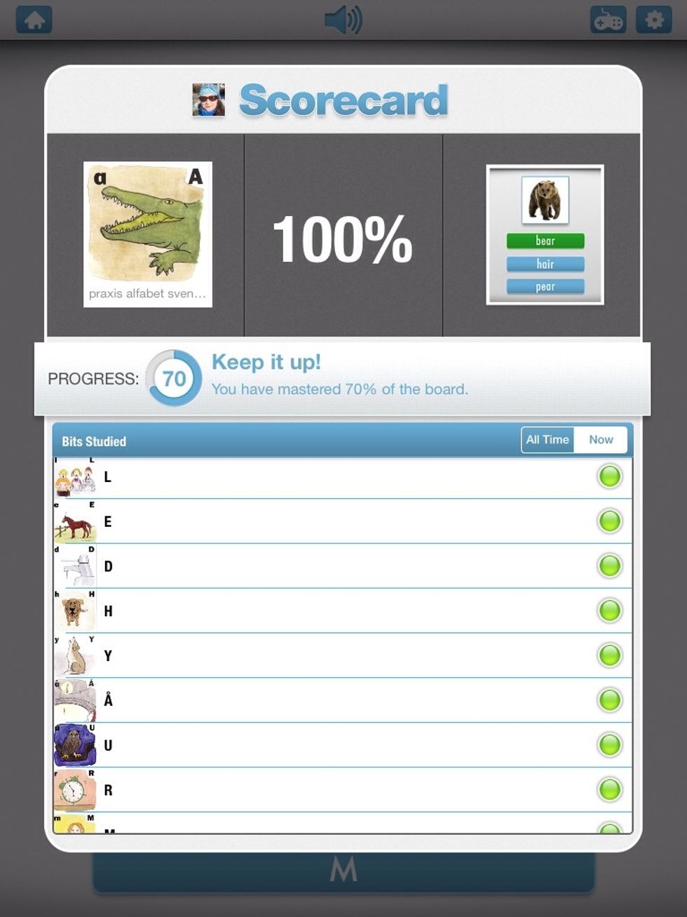 N\u00e4r en omg\u00e5ng \u00e4r spelad visas statistik \u00f6ver hur m\u00e5nga bilder man g\u00e5tt igenom i en kategori. \u00d6verst visas hur m\u00e5nga procent av just den omg\u00e5ngen som hade r\u00e4tt svar.