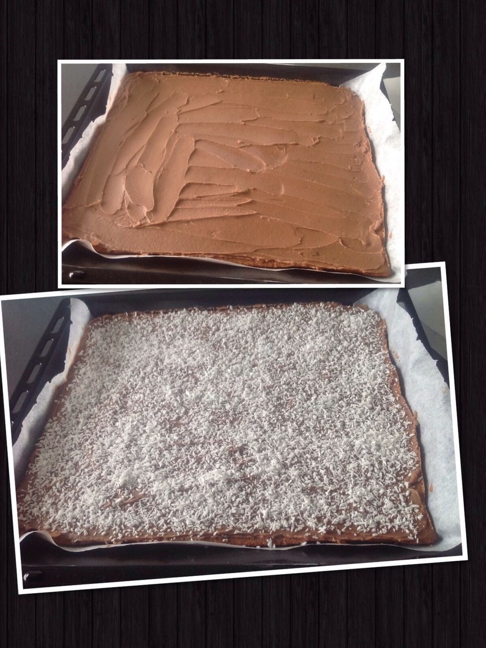 N\u00e4r kakan svalnat brer du p\u00e5 glasyren och h\u00e4ller sedan p\u00e5 rikligt med kokos. When the cookies have been cooled spread the icing and pour on much with shredded coconut.