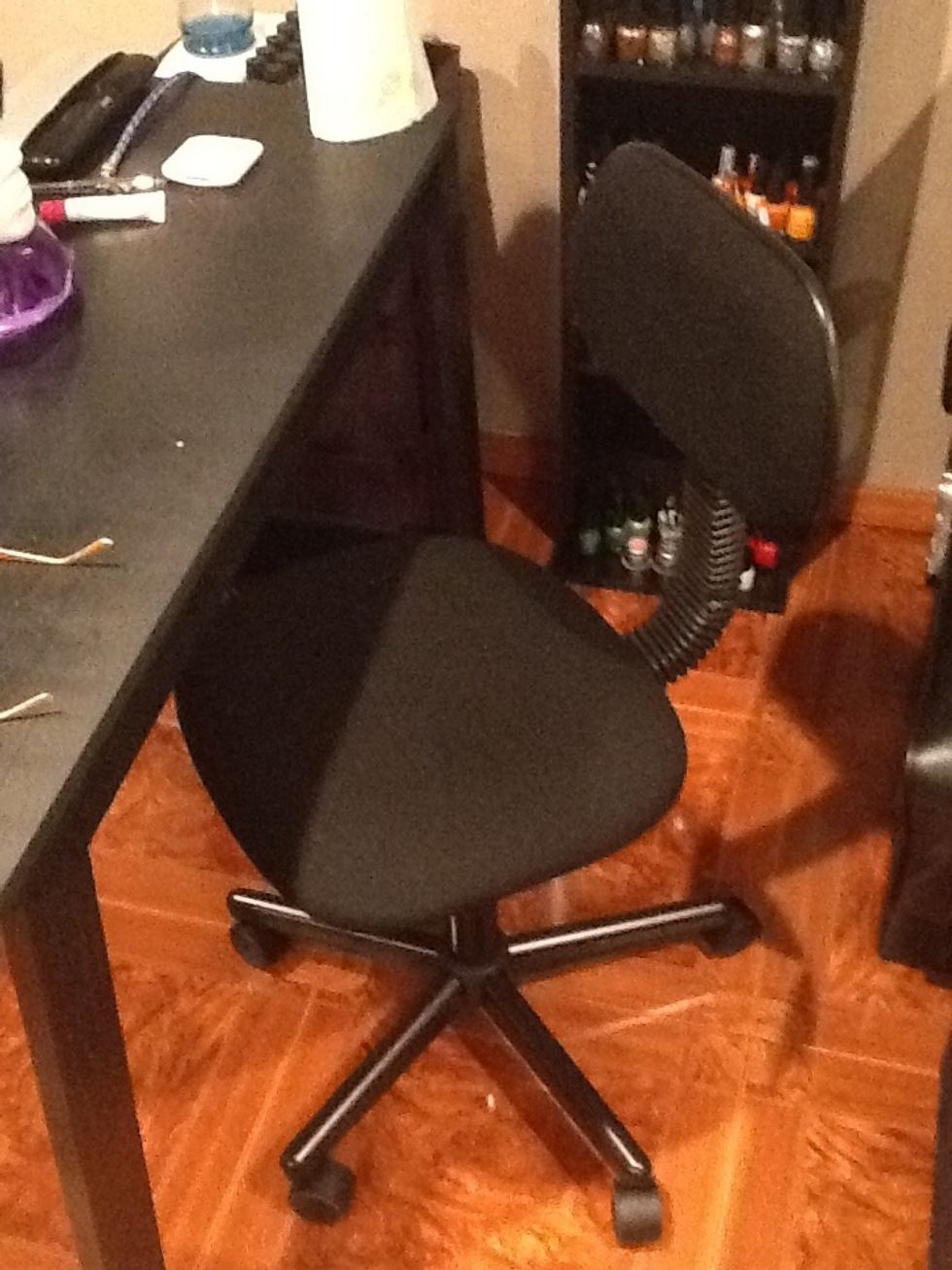 Nail chair $19. Nail table is actually a writing desk. I found it at Walmart for $49, as well as the chair.