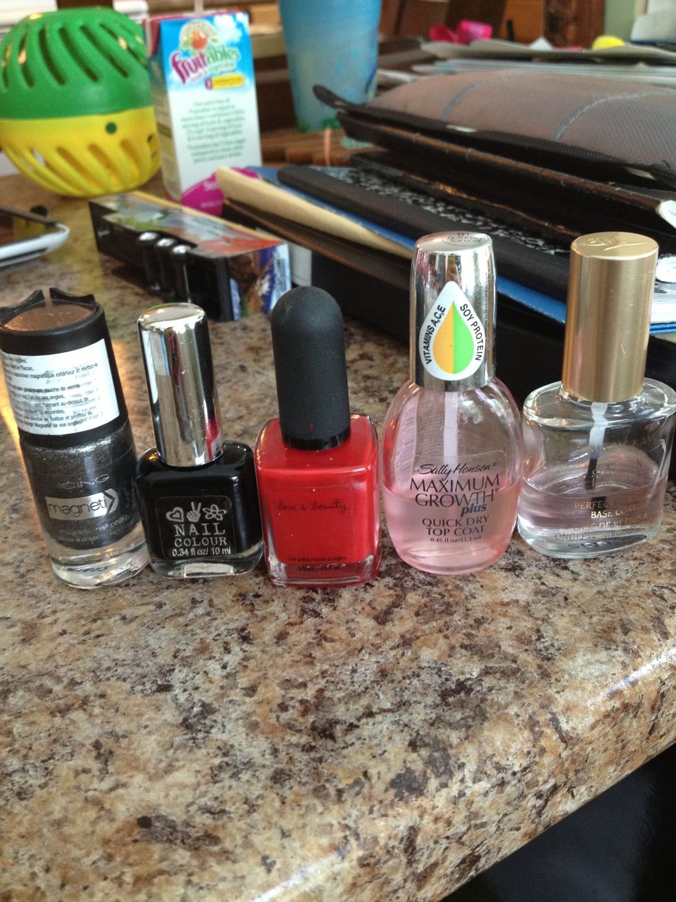 Nail polish colors (left to right): Grey, black, red, top coat, base coat.