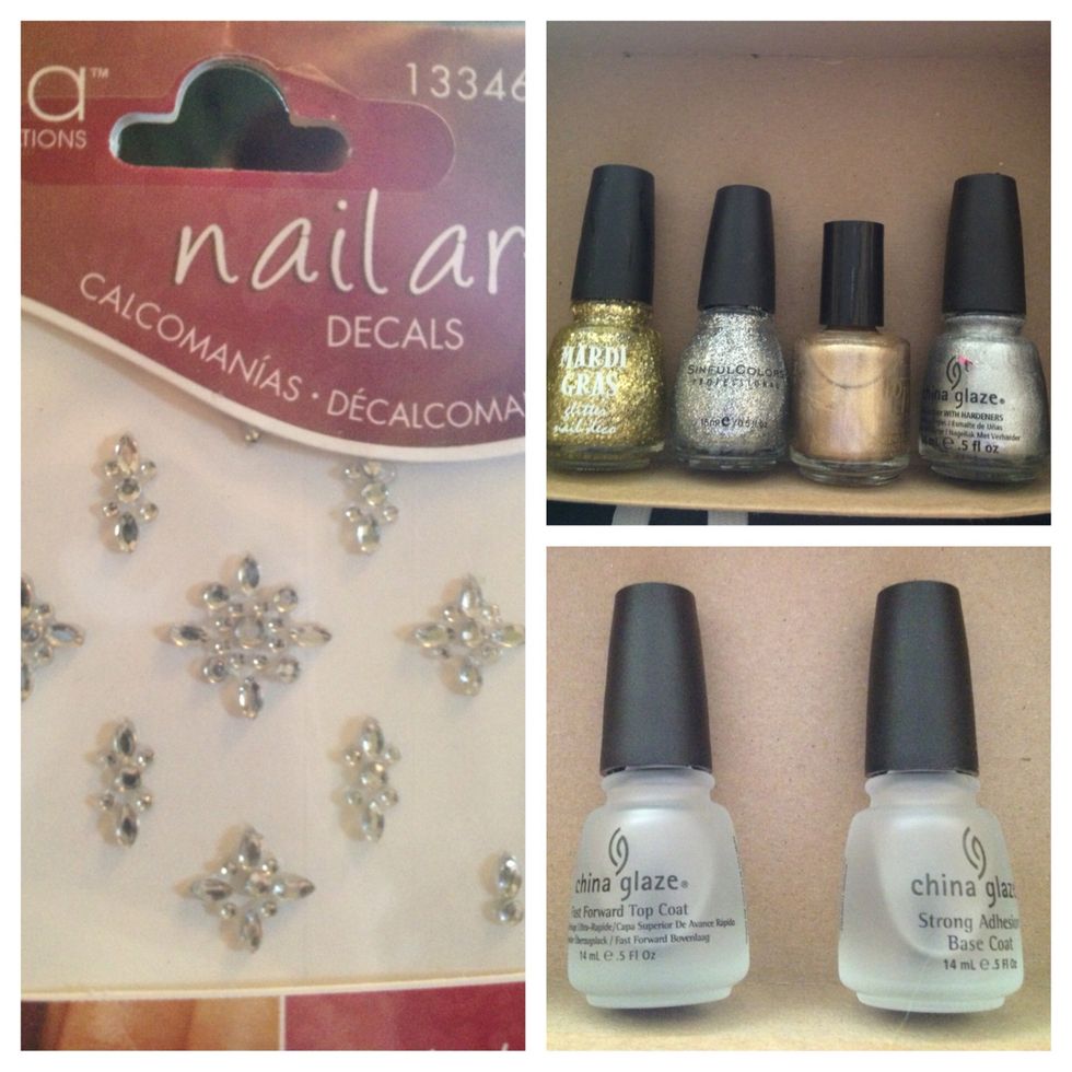Nail Polish - Gold by Mardi Gras, Queen of Beauty by Sinful Colors, Big Spender by Pro Salon Formula and Icicle by China Glaze  Gem - Bought at Sally's!