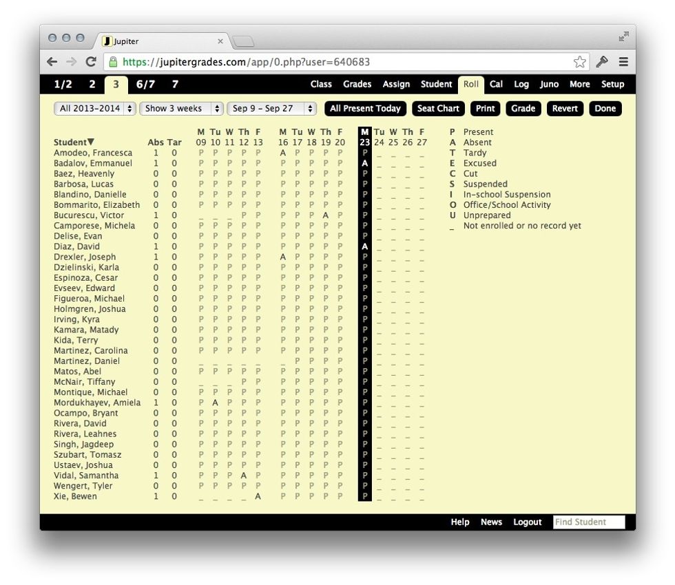 Navigate to the "Roll" tab. You can take attendance here, but it's boring and sorted by alphabetical order. Click on "Seat Chart" to edit how you see your students.